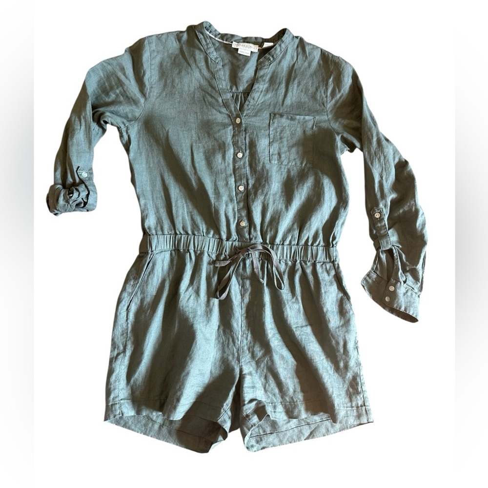 Cynthia‎ Rowley 100% Linen Utility Romper Minimalist Lagenlook Army Green Sz M